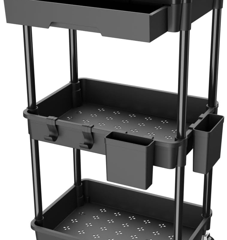 3 Tier Rolling Utility Cart with Drawer,REBECAT Utility Cart Made of Multifunctional Storage Organizer Tool for Kitchen,Bathroom,Living Room,Office(Black)