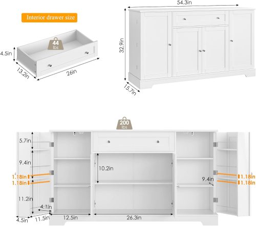 Buffet Cabinet with Storage, Modern Kitchen Buffet Sideboard with Drawer, Wood Coffee Bar Cabinet with Adjustable Shelves, Kitchen Storage Cabinet for Living Room, White - Image 3
