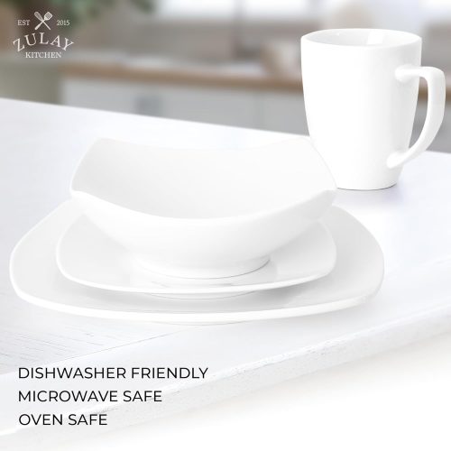 Zulay Kitchen Dishes Set for 4 - Durable 16-Piece Square Dinnerware Sets - Chip & Scratch-Resistant Porcelain Kitchen Plates & Bowls Sets - Dishwasher Safe Dish Set - Microwave Safe Plate Set - White - Image 3