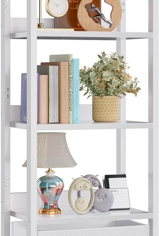 Furologee 5 Tier Bookshelf with Drawer, Tall Narrow Bookcase with Shelves, Wood and Metal Book Shelf Storage Organizer, Modern Display Standing Shelf Unit for Bedroom, Living Room, Office, White