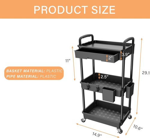 3 Tier Rolling Utility Cart with Drawer,REBECAT Utility Cart Made of Multifunctional Storage Organizer Tool for Kitchen,Bathroom,Living Room,Office(Black) - Image 2