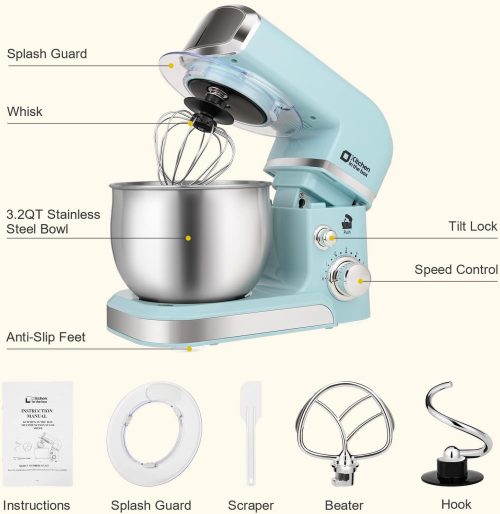 Kitchen in the box Stand Mixer,3.2Qt Small Electric Food Mixer,6 Speeds Portable Lightweight Kitchen Mixer for Daily Use with Egg Whisk,Dough Hook,Flat Beater (Blue) - Image 2