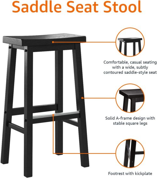 Solid Wood Saddle-Seat Kitchen Counter Barstool, 29-Inch Height, Black - Set of 2 - Image 2