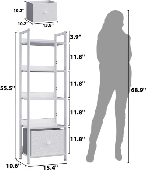 Furologee 5 Tier Bookshelf with Drawer, Tall Narrow Bookcase with Shelves, Wood and Metal Book Shelf Storage Organizer, Modern Display Standing Shelf Unit for Bedroom, Living Room, Office, White - Image 2