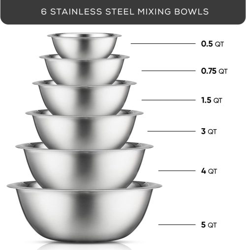 JoyJolt Stainless Steel Mixing Bowl Set of 6 Bowls. 5qt Large to 0.5qt Small Metal Bowl. Kitchen, Cooking and Storage Nesting Dough, Batter Baking Bowls - Image 3