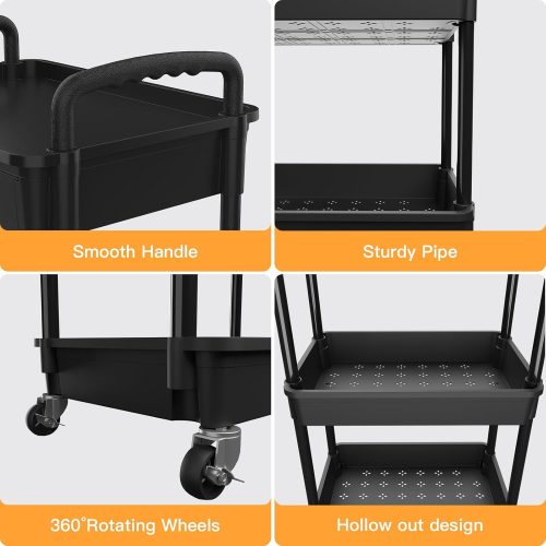3 Tier Rolling Utility Cart with Drawer,REBECAT Utility Cart Made of Multifunctional Storage Organizer Tool for Kitchen,Bathroom,Living Room,Office(Black) - Image 3