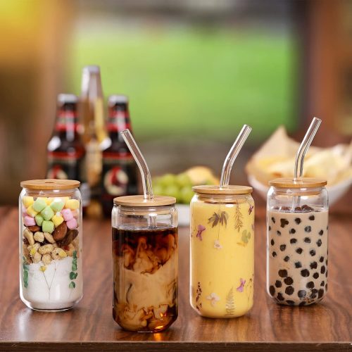 NETANY Drinking Glasses with Bamboo Lids and Glass Straw 4pcs Set - 16oz Can Shaped Glass Cups, Beer Glasses, Iced Coffee Glasses, Cute Tea Cup, Ideal for Cocktail, Whiskey, Gift - 2 Cleaning Brushes - Image 2