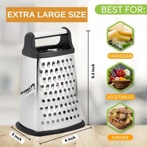 Spring Chef Professional Cheese Grater - Stainless Steel, XL Size, 4 Sides - Perfect Box Grater for Parmesan Cheese, Vegetables, Ginger - Dishwasher Safe - Black - Image 3