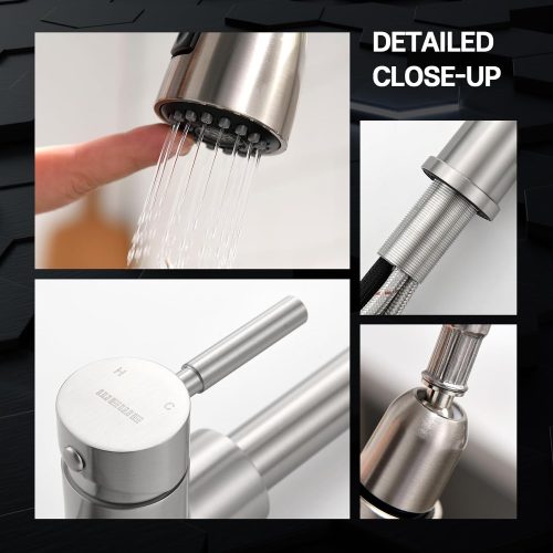 WEWE Single Handle High Arc Brushed Nickel Pull out Kitchen Faucet,Single Level Stainless Steel Kitchen Sink Faucets with Pull down Sprayer - Image 2