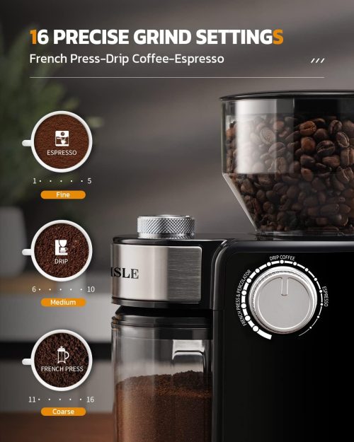 Electric Burr Coffee Grinder, Adjustable Burr Mill with 16 settings, Automatic Flat Burr Coffee for French Press, Drip Coffee and Espresso, 2-14 Cup, Stainless Steel - Image 3