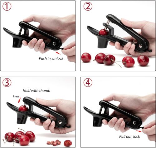 Cherry Pitter - Ordekcity Stainless Steel Cherries Corer Pitter Tool with Hand-held Push Design, Save Time & Space for Making Cherry Jam with Lock Design(Black) - Image 2