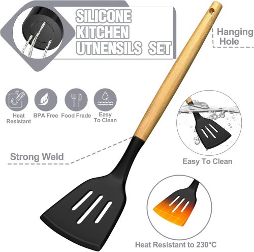 Kitchen Utensils Set- 34PCS Silicone Cooking Utensils with Holder, Umite Chef Heat Resistant Kitchen Utensil Spatula Set for Nonstick Cookware, Black Wooden Handles Kitchen Gadgets Tools Set - Image 2
