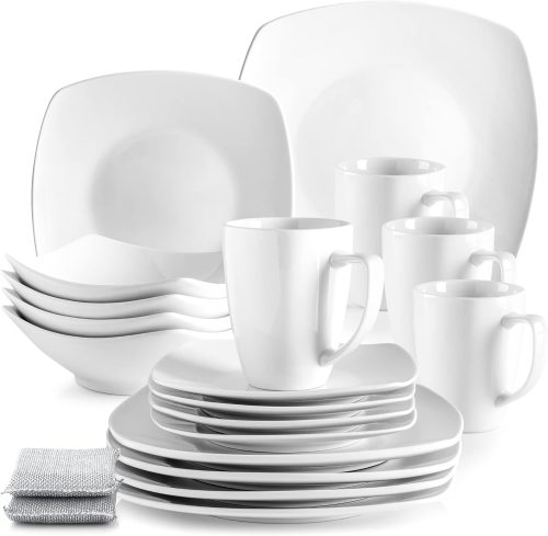 Zulay Kitchen Dishes Set for 4 - Durable 16-Piece Square Dinnerware Sets - Chip & Scratch-Resistant Porcelain Kitchen Plates & Bowls Sets - Dishwasher Safe Dish Set - Microwave Safe Plate Set - White