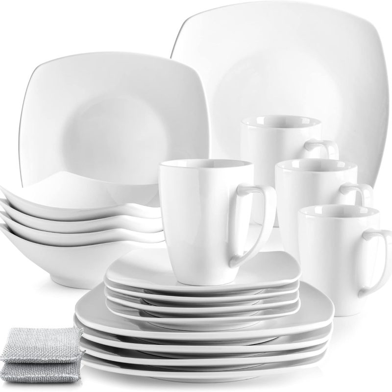 Zulay Kitchen Dishes Set for 4 - Durable 16-Piece Square Dinnerware Sets - Chip & Scratch-Resistant Porcelain Kitchen Plates & Bowls Sets - Dishwasher Safe Dish Set - Microwave Safe Plate Set - White