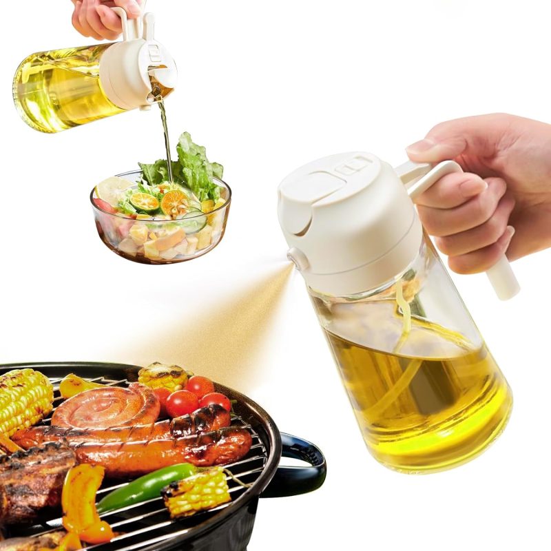 Oil Sprayer for Cooking, 2 in 1 Olive Oil Dispenser Bottle for Kitchen, 16oz/470ml Premium Glass Oil Bottle, Food-grade Oil Mister for Air Fryer, Salad, Frying, BBQ (Creamy White)