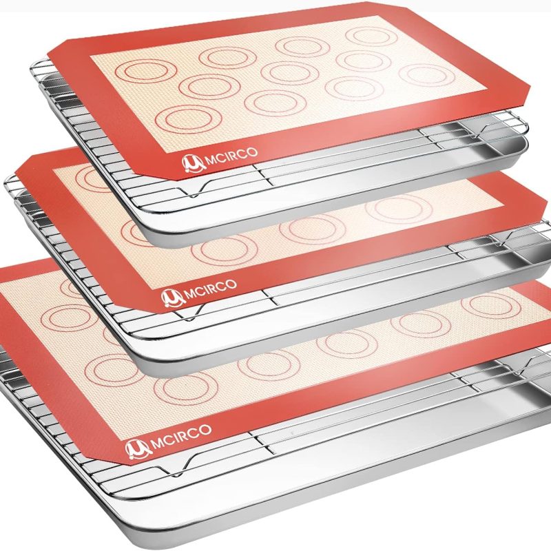 Stainless Steel Baking Sheet Tray Cooling Rack with Silicone Baking Mat Set, Cookie Pan with Cooling Rack, Set of 9 (3 Sheets + 3 Racks + 3 Mats), Non Toxic, Easy Clean