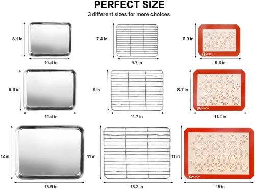 Stainless Steel Baking Sheet Tray Cooling Rack with Silicone Baking Mat Set, Cookie Pan with Cooling Rack, Set of 9 (3 Sheets + 3 Racks + 3 Mats), Non Toxic, Easy Clean - Image 3