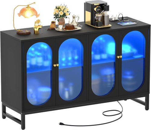 Aheaplus Sideboard Buffet Cabinet with Power Outlet, Kitchen Sideboard Storage Cabinet with LED Light, 4 Doors, Modern Accent Cabinet Coffee Bar Cabinet Console Table for Kitchen Dining Room, Black