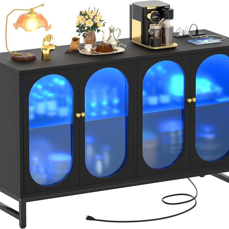 Aheaplus Sideboard Buffet Cabinet with Power Outlet, Kitchen Sideboard Storage Cabinet with LED Light, 4 Doors, Modern Accent Cabinet Coffee Bar Cabinet Console Table for Kitchen Dining Room, Black