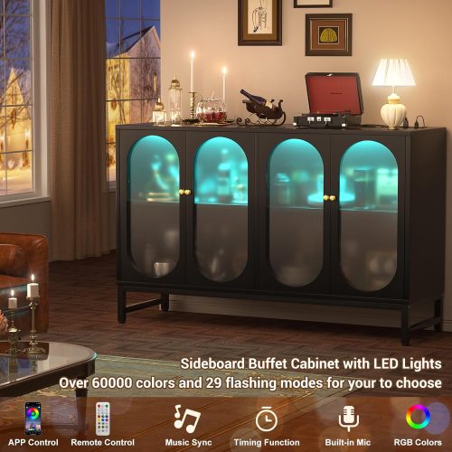 Aheaplus Sideboard Buffet Cabinet with Power Outlet, Kitchen Sideboard Storage Cabinet with LED Light, 4 Doors, Modern Accent Cabinet Coffee Bar Cabinet Console Table for Kitchen Dining Room, Black - Image 2