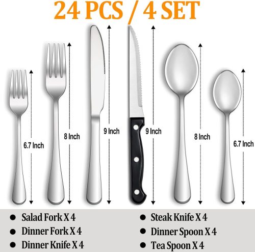 24 Pcs Silverware Set with Steak Knives Service for 4,Stainless Steel Flatware Set,Mirror Polished Cutlery Utensil Set,Home Kitchen Eating Tableware Set,Include Fork Knife Spoon Set,Dishwasher Safe - Image 2