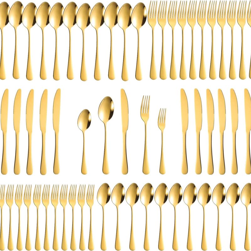 60-Piece Gold Silverware Set, Stainless Steel Flatware Cutlery Set Service for 12, Gold Utensils Tableware Cutlery Set for Home Restaurant, Mirror Finish, Dishwasher Safe (Gold)