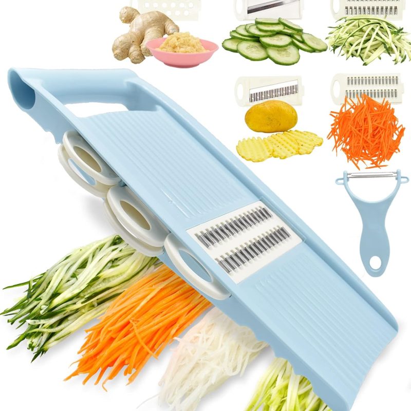 5 in 1 Mandoline Slicer for Kitchen, Vegetable Slicer Multi Blade Potato Chip, Veggie Slicer, Vegetable Cutter, Julienne Shredder and peeler For Small Job In Kitchen Blue