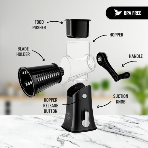 Zulay Rotary Cheese Grater 5 Blade Cheese Shredder - Manual Hand Crank Cheese Grater With Reinforced Suction & 5 Interchangeable Drums - Easy to Use, Vegetable Chopper Round Mandoline Slicer - Black - Image 3