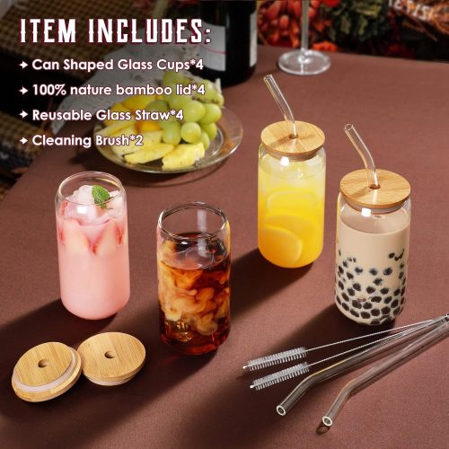 NETANY Drinking Glasses with Bamboo Lids and Glass Straw 4pcs Set - 16oz Can Shaped Glass Cups, Beer Glasses, Iced Coffee Glasses, Cute Tea Cup, Ideal for Cocktail, Whiskey, Gift - 2 Cleaning Brushes - Image 3