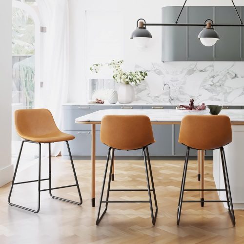 LUE BONA Bar Stools Set of 3, 24" ALX Faux Leather Barstools, Modern Counter Height Stools with Back and Metal Legs, Armless Counter Chairs for Kitchen Island, Whisky Brown - Image 3