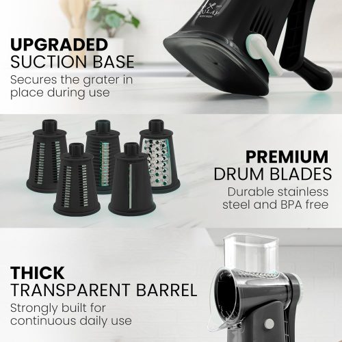 Zulay Rotary Cheese Grater 5 Blade Cheese Shredder - Manual Hand Crank Cheese Grater With Reinforced Suction & 5 Interchangeable Drums - Easy to Use, Vegetable Chopper Round Mandoline Slicer - Black - Image 2
