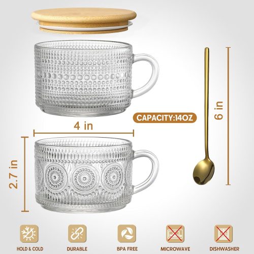 LANDNEOO 4pcs Set Vintage Coffee Mugs gifts for women, Overnight Oats Containers with Bamboo Lids and Spoons - 14oz Clear Embossed Glass Cups, Cute Coffee Bar Accessories, Iced Coffee Glasses - Image 2