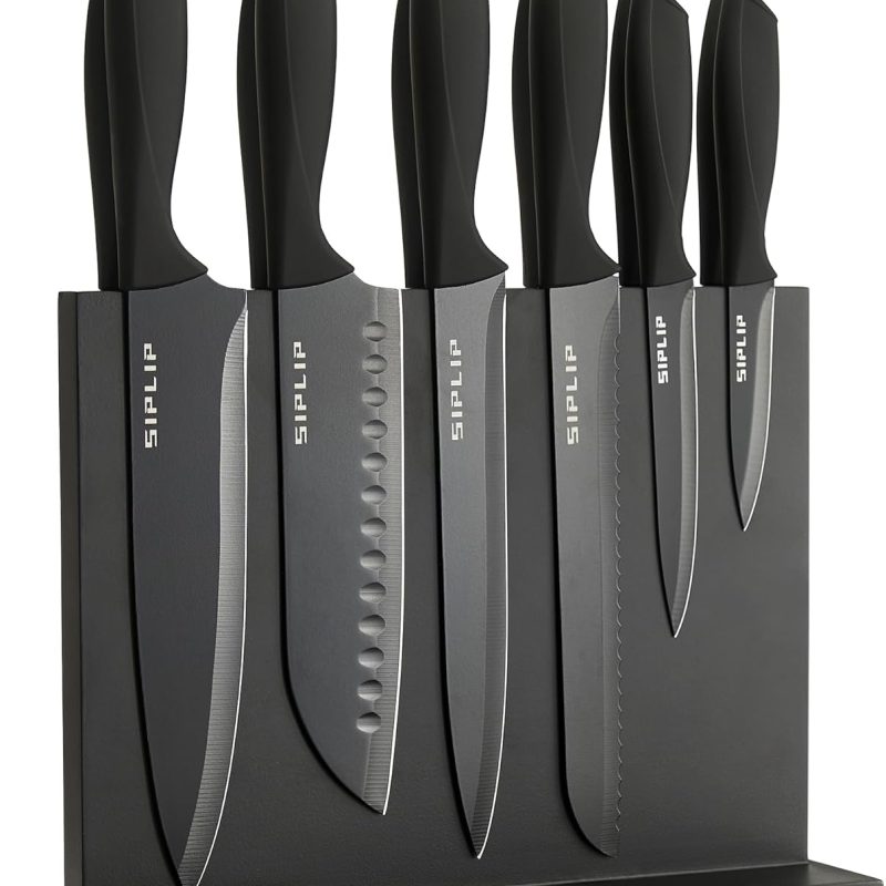 Kitchen knife set with Magnetic knife holder, 15 pieces high carbon stainless steel sharp kitchen knife set including chef's knife, bread knife, serrated steak knife set, knife sharpener