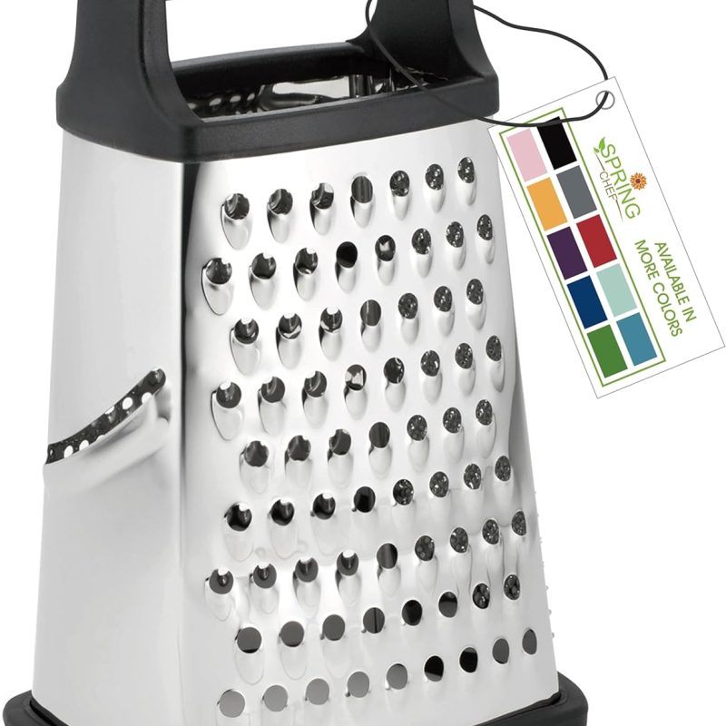 Spring Chef Professional Cheese Grater - Stainless Steel, XL Size, 4 Sides - Perfect Box Grater for Parmesan Cheese, Vegetables, Ginger - Dishwasher Safe - Black