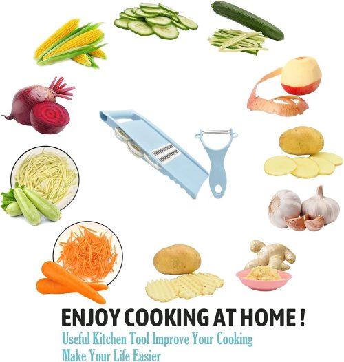 5 in 1 Mandoline Slicer for Kitchen, Vegetable Slicer Multi Blade Potato Chip, Veggie Slicer, Vegetable Cutter, Julienne Shredder and peeler For Small Job In Kitchen Blue - Image 2