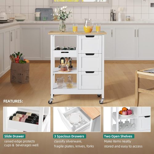 Small Solid Wood Top Kitchen Island Cart on Wheels with Storage, Rolling Portable Dining Room Serving Utility Carts Mobile Movable with 3 Drawers Cabinet, Oak & White - Image 3