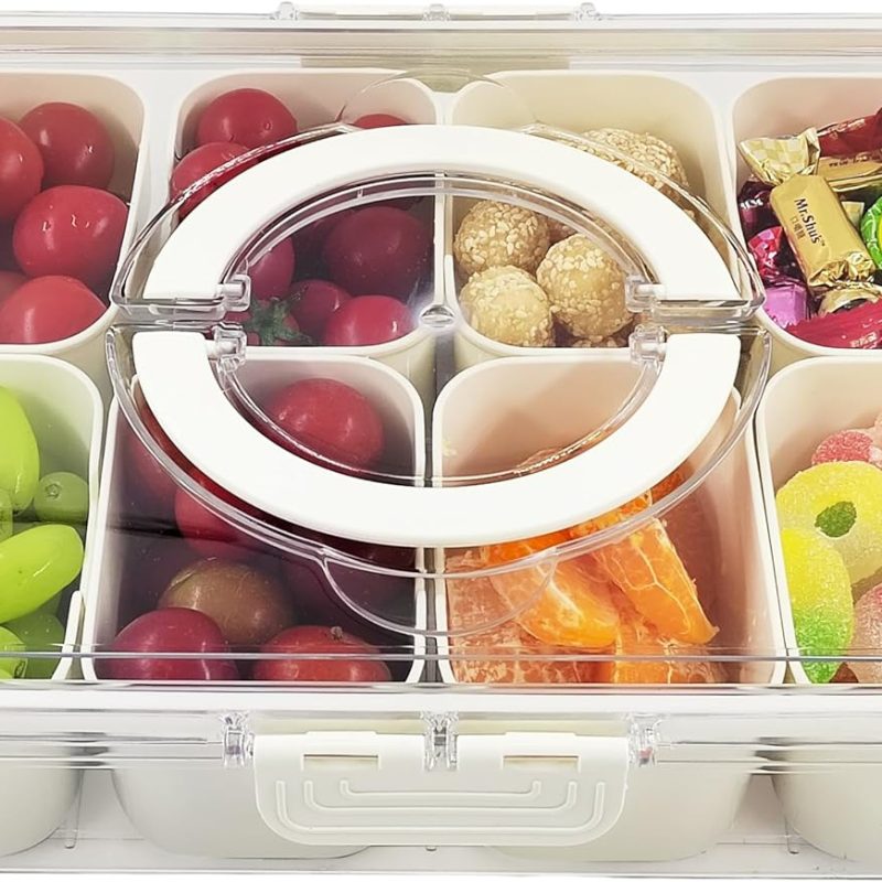 Snack Box Container, Divided Serving Tray with Lid and Handle Snackle Box Container, Snack Organizer for Adults Fruit Tray, Veggie Tray, Perfect for Party, Entertaining