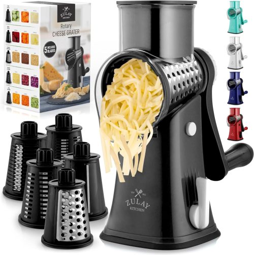 Zulay Rotary Cheese Grater 5 Blade Cheese Shredder - Manual Hand Crank Cheese Grater With Reinforced Suction & 5 Interchangeable Drums - Easy to Use, Vegetable Chopper Round Mandoline Slicer - Black