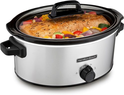 Hamilton Beach 6-Quart Slow Cooker with 3 Cooking Settings, Dishwasher-Safe Stoneware Crock & Glass Lid, Silver (33665G)