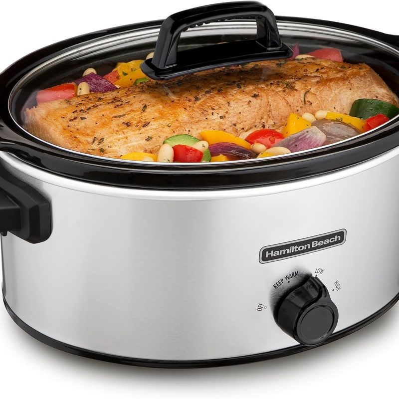 Hamilton Beach 6-Quart Slow Cooker with 3 Cooking Settings, Dishwasher-Safe Stoneware Crock & Glass Lid, Silver (33665G)