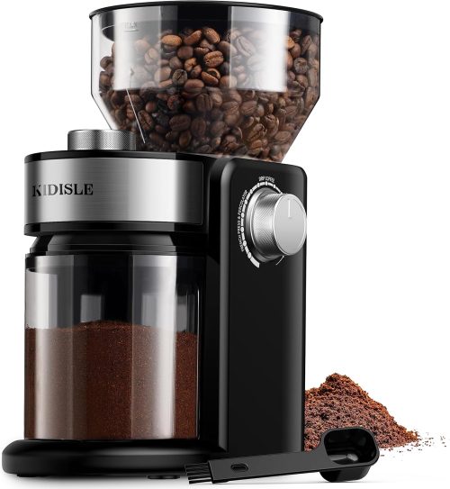 Electric Burr Coffee Grinder, Adjustable Burr Mill with 16 settings, Automatic Flat Burr Coffee for French Press, Drip Coffee and Espresso, 2-14 Cup, Stainless Steel