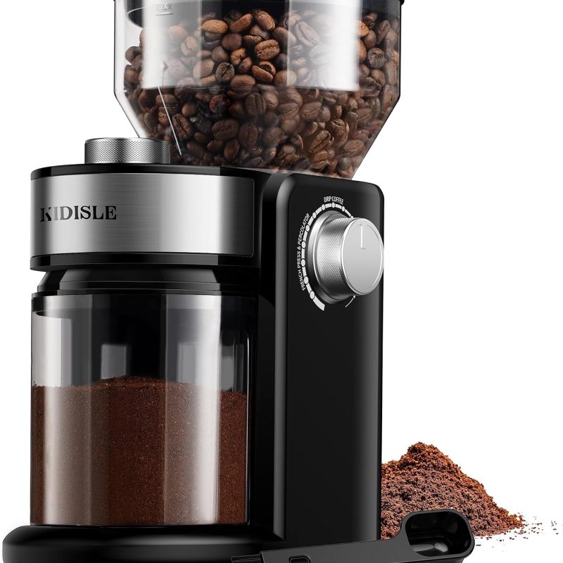 Electric Burr Coffee Grinder, Adjustable Burr Mill with 16 settings, Automatic Flat Burr Coffee for French Press, Drip Coffee and Espresso, 2-14 Cup, Stainless Steel