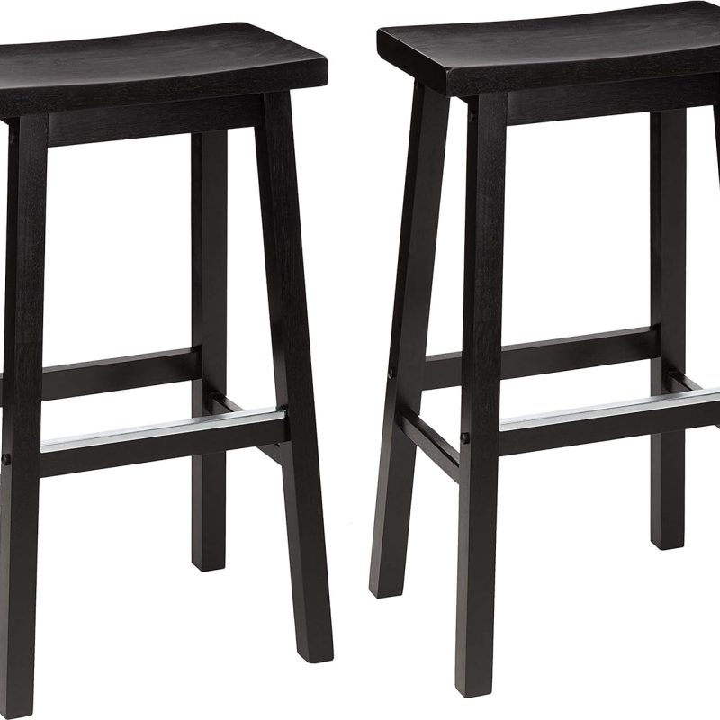 Solid Wood Saddle-Seat Kitchen Counter Barstool, 29-Inch Height, Black - Set of 2