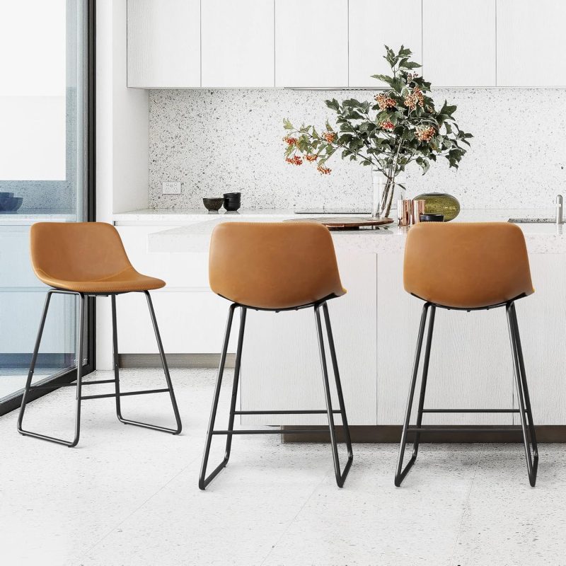 LUE BONA Bar Stools Set of 3, 24" ALX Faux Leather Barstools, Modern Counter Height Stools with Back and Metal Legs, Armless Counter Chairs for Kitchen Island, Whisky Brown