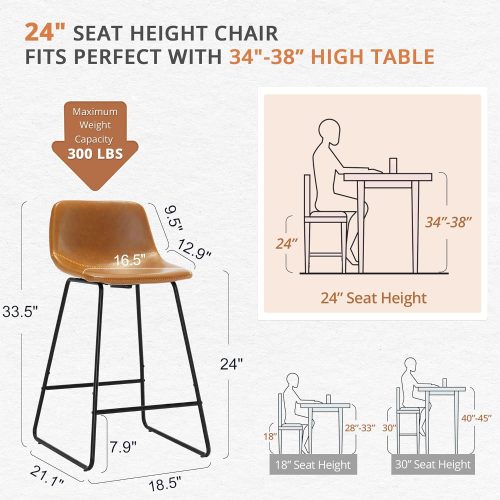 LUE BONA Bar Stools Set of 3, 24" ALX Faux Leather Barstools, Modern Counter Height Stools with Back and Metal Legs, Armless Counter Chairs for Kitchen Island, Whisky Brown - Image 2
