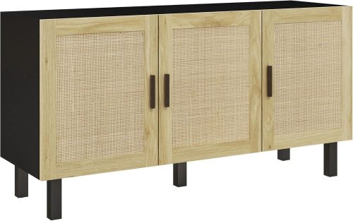 HOMCOM Sideboard Buffet Cabinet, Kitchen Cabinet, Coffee Bar Cabinet with 3 Rattan Doors and Adjustable Shelves, Black and Natural