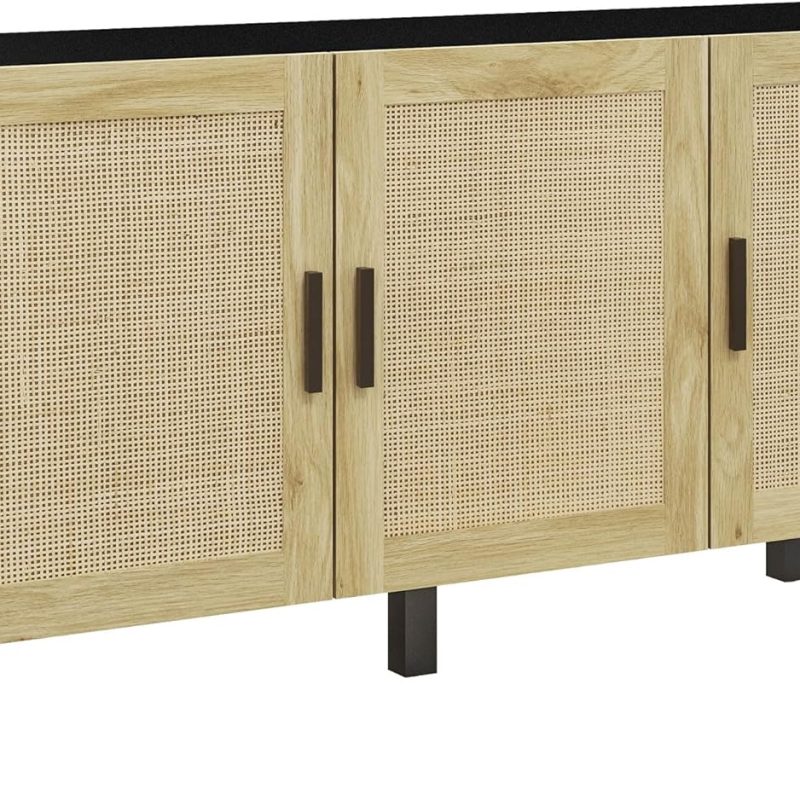 HOMCOM Sideboard Buffet Cabinet, Kitchen Cabinet, Coffee Bar Cabinet with 3 Rattan Doors and Adjustable Shelves, Black and Natural