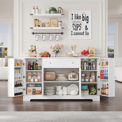 Buffet Cabinet with Storage, Modern Kitchen Buffet Sideboard with Drawer, Wood Coffee Bar Cabinet with Adjustable Shelves, Kitchen Storage Cabinet for Living Room, White
