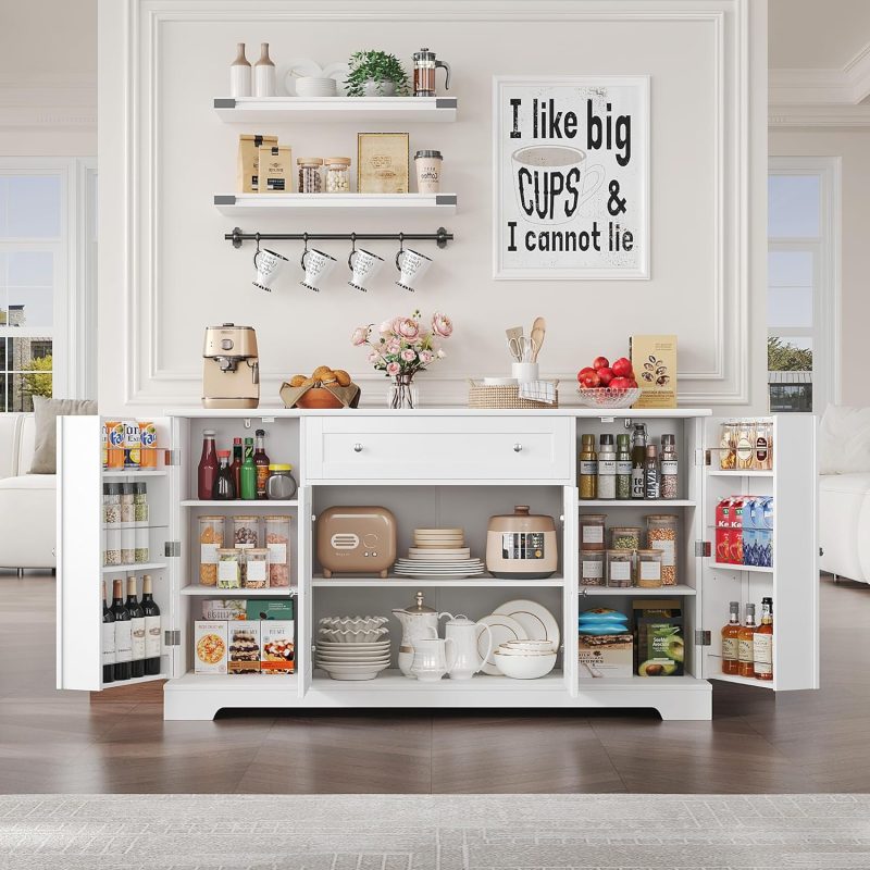 Buffet Cabinet with Storage, Modern Kitchen Buffet Sideboard with Drawer, Wood Coffee Bar Cabinet with Adjustable Shelves, Kitchen Storage Cabinet for Living Room, White