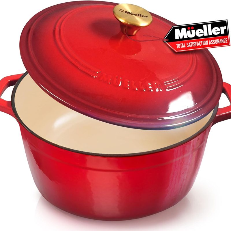 Mueller 6 Qt Enameled Cast Iron Dutch Oven, Heavy-Duty Casserole Dish and Braiser Pan with Lid and Stainless Knob, Safe for All Cooktops